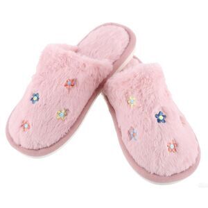 CTM Women's Flower Print Fur Slippers